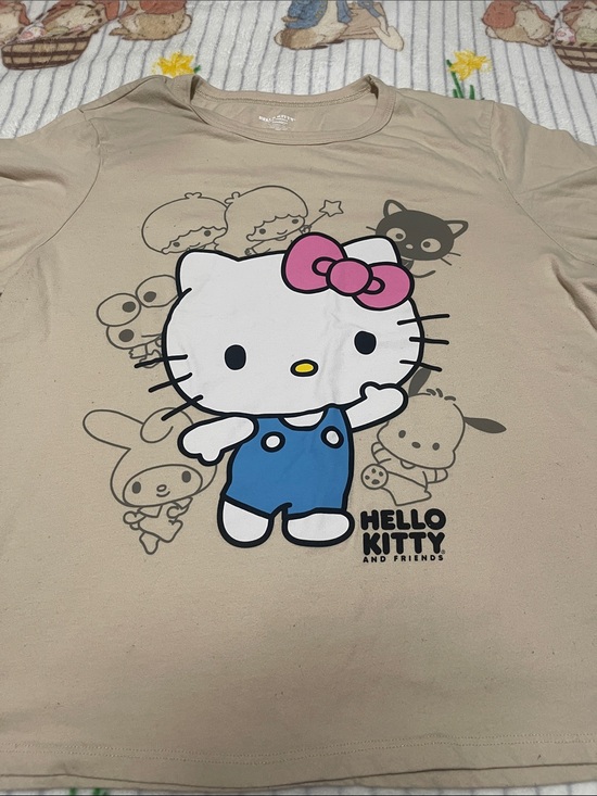 Hello Kitty Tops - Hello Kitty Short Sleeve Tee in Beige with Pink Bow & Blue Overalls